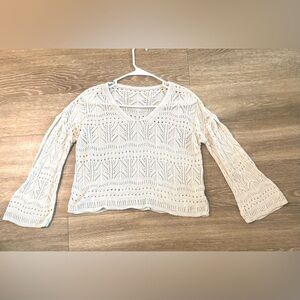 Womens Crochet Style Sweater Large Cottage Bell Sleeve Open Knit Hippie Dainty